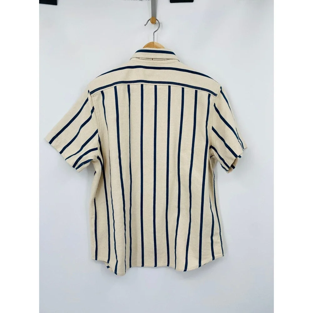 Banana Republic Button Down Shirt‎  Medium Cream Blue Striped Short Sleeve